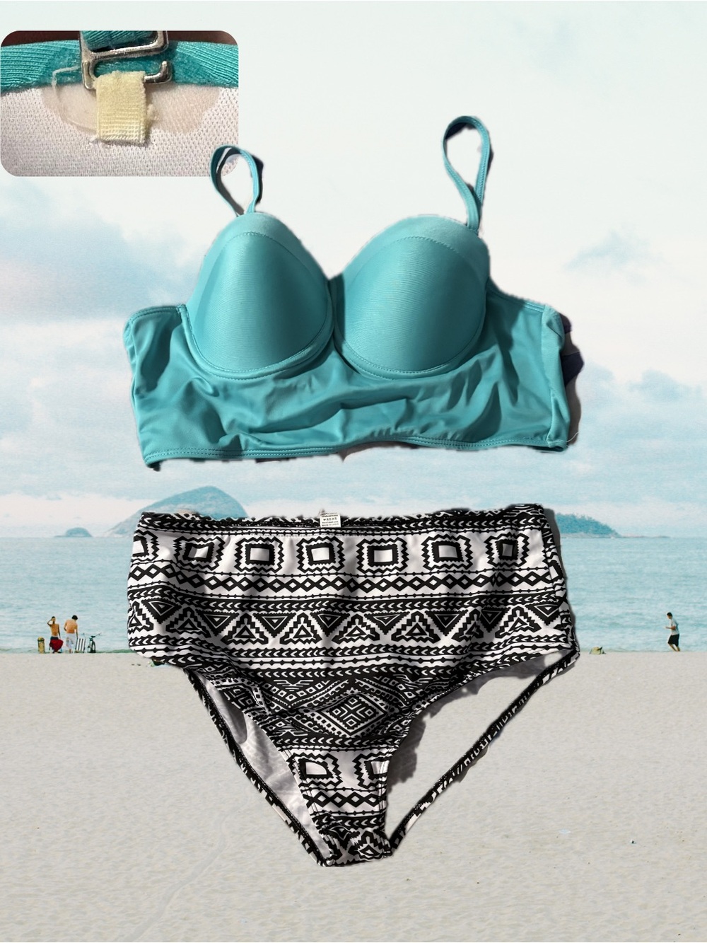 Bustier Bikini Top and High-Waist Bottoms - Turquoise Top & Black/White Pattern